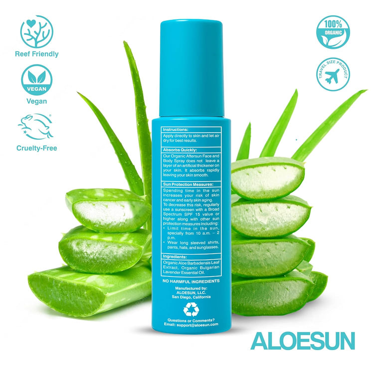 After Sun Face and Body Spray | Non Sticky Organic Aloe Vera for Sun Exposure Relief with Pure Lavender Essential Oil | Natural Aftersun Skin Moisturizer for Redness | Travel Size 3.4 Fl Oz