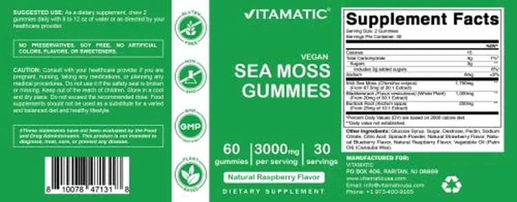 Irish Sea Moss Gummies - 3000 Mg - 60 Vegan Gummies - Made with Bladderwrack & Burdock Root - Seamoss Supplement for Thyroid, Energy, Immune Support