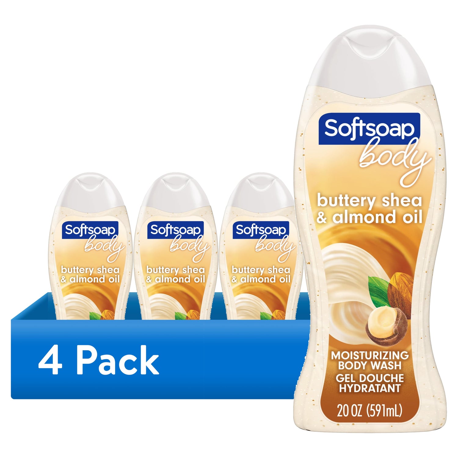 (4 Pack)  Moisturizing Body Wash, All Skin Types, Shea and Almond Oil, 20 Fl Oz Bottle