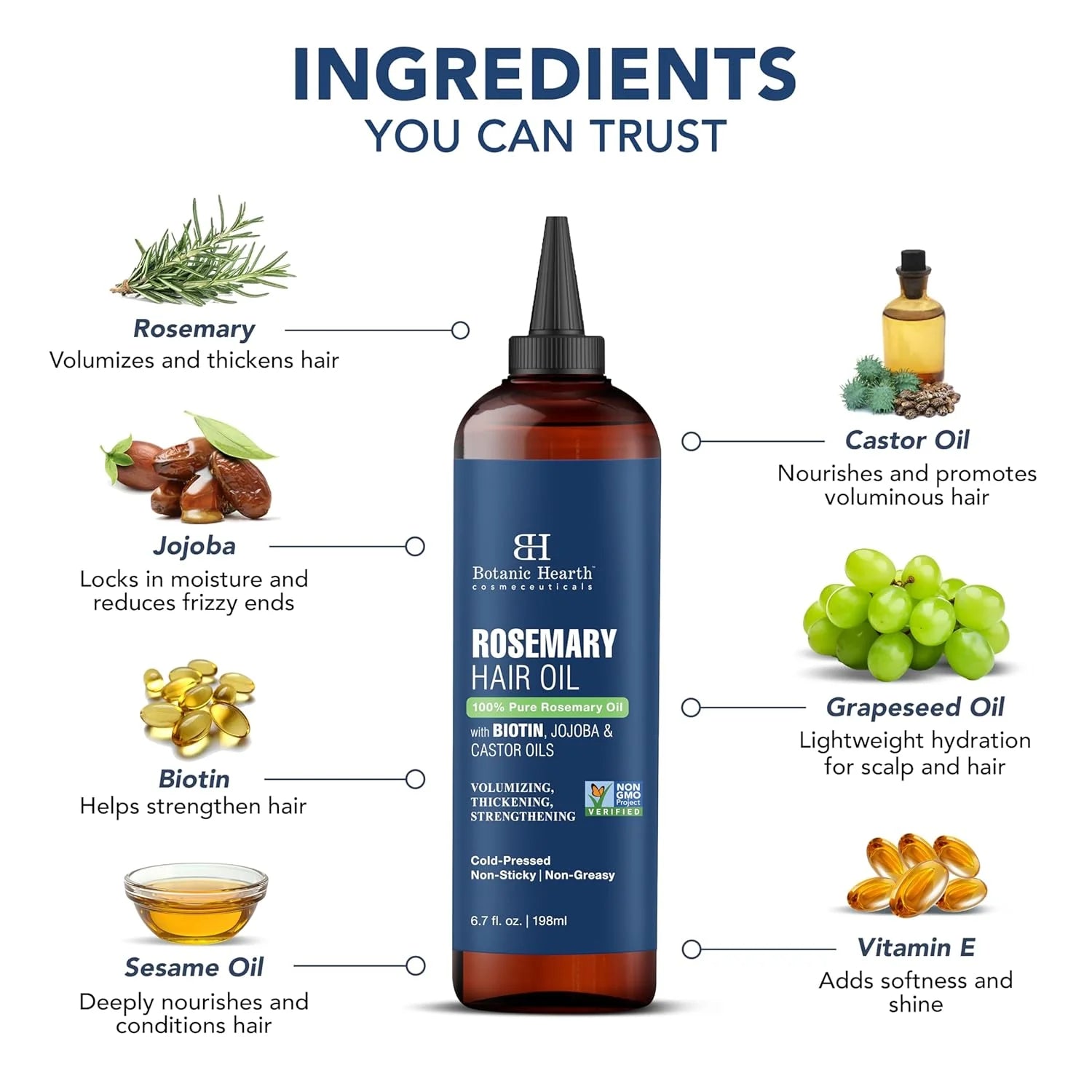 100% Pure Rosemary Oil for Hair Growth Infused with Biotin (6.7 Fl Oz) | Hair Strengthening Treatment | Nourishing & Volumizing | with Jojoba Oil & Castor Oil | Non GMO Verified